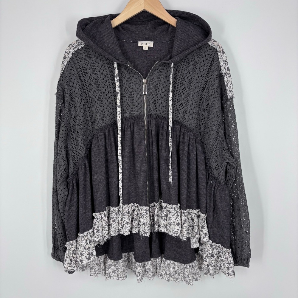 POL Mixed Media Lace Floral Ruffle Zip Hoodie Women Large Boho Charcoal Peasant